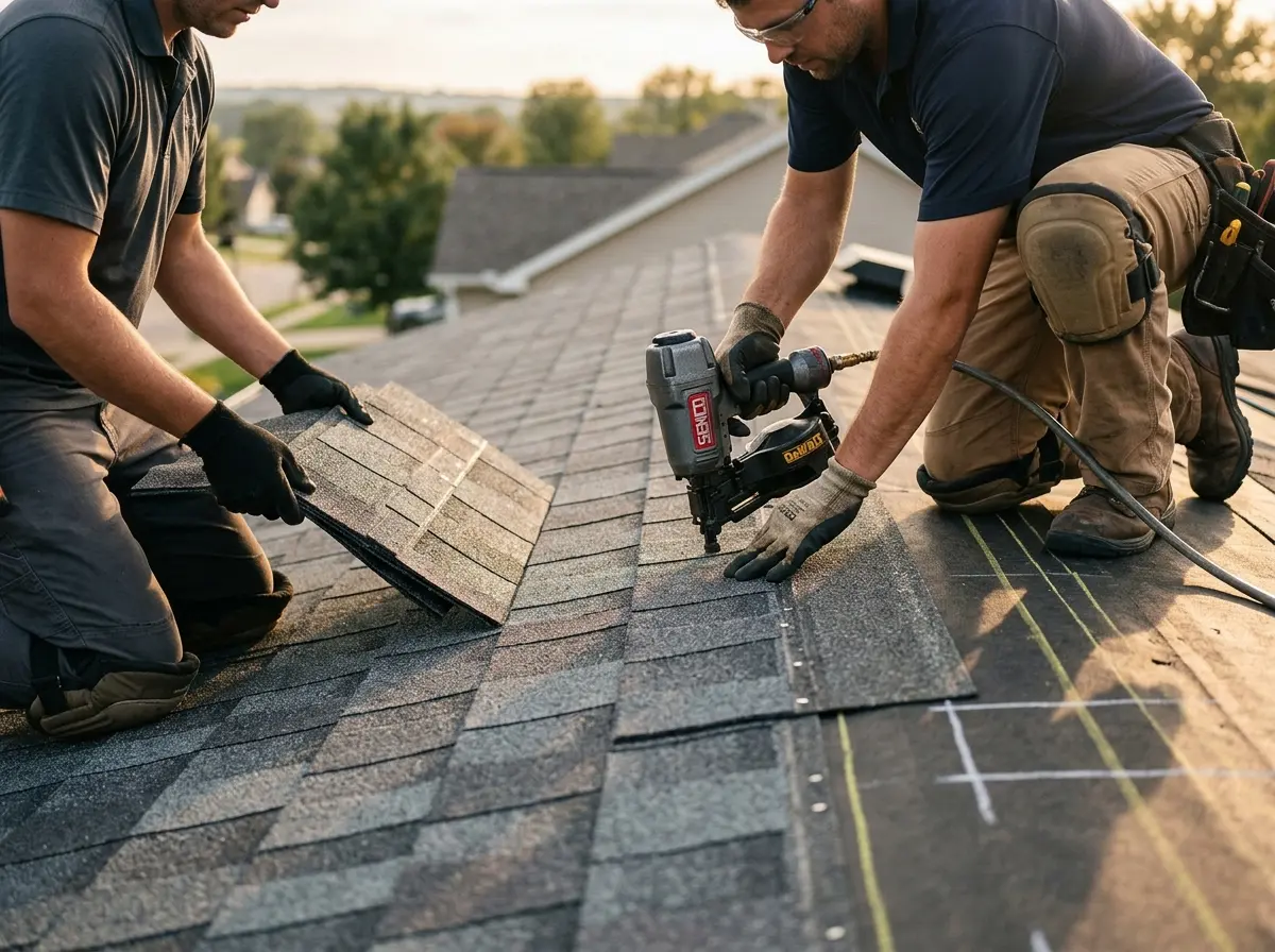 Professional roofer working on a residential roof in Brambleton